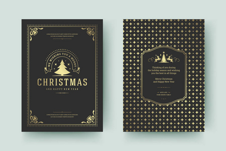 圣诞贺卡设计模板。 圣诞快乐和假日祝复古印刷标签和地方的文字与图案背景。 矢量图。