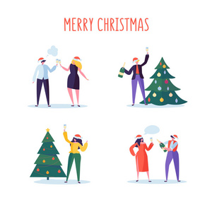 商界人士庆祝2019新年晚会。在圣帽中的扁平字符烘烤香槟。圣诞前夜有卡通, 树和五彩纸屑。矢量插图