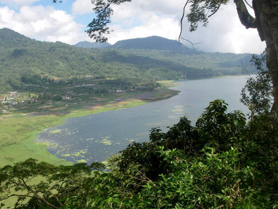 在巴厘岛的一座湖泊和青山景观