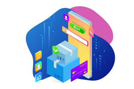 等距向量在线购物概念。登录页模板。网页的现代紫外线设计。销售, 消费主义, 在线购买和电子商务概念