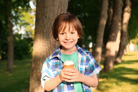 天气晴朗的时候带冰淇淋的可爱小男孩