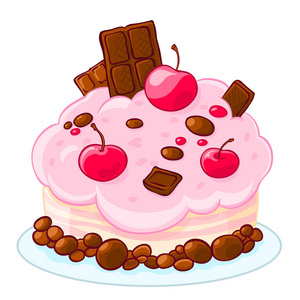 图标卡通美味的海绵蛋糕与巧克力果冻豆和樱桃。 治疗生日。矢量插图隔离在白色上。 T恤印花。