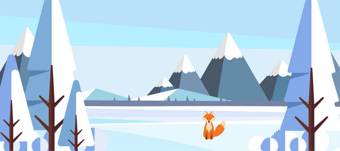 冬季景观与狐狸平面风格插图