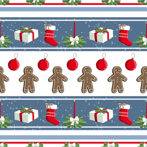 圣诞插图图案与装饰袜子礼物姜饼人。 用于明信片，壁纸，纺织品，剪贴簿，装饰，邀请背景假期。