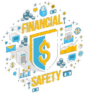 保护金融概念金融安全救生圈和屏蔽孤立在白色背景。 矢量3D等距业务插图与图标，统计图表和设计元素。
