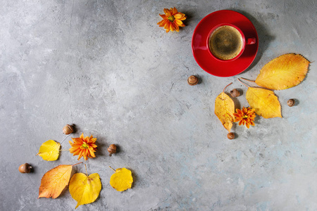 红色的黑咖啡杯，泡沫由黄色的秋叶装饰，紫菀花和橡子在灰色纹理背景上。 平坦的铺设空间。 季节性背景。