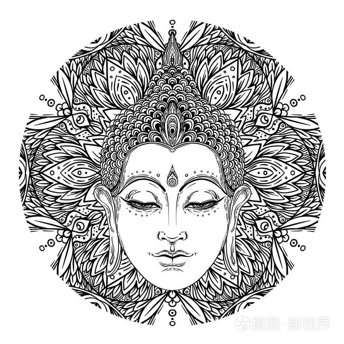 佛面上华丽的曼陀罗圆形图案深奥的复古矢量插图印度佛教精神艺术嬉皮