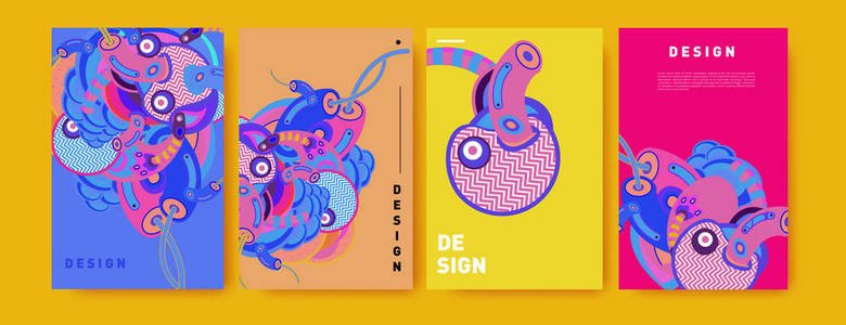 抽象彩色拼贴海报设计模板..涂鸦插图和流体覆盖设计。蓝色，黄色，红色，橙色，粉红色和绿色。矢量横幅海报模板
