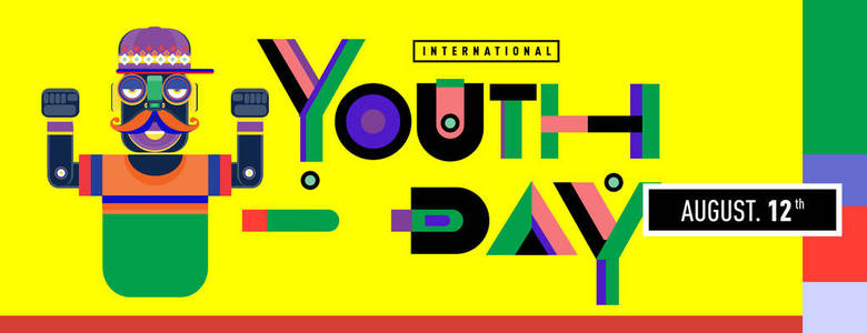 国际青年日横幅庆祝活动。 国际青年节的彩色几何框架和背景。