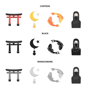 牌坊, 鲤鱼锦鲤, 妇女在面纱, 星和新月。宗教集合图标在卡通, 黑色, 单色风格矢量符号股票插画网站