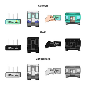 交通公共火车等网络图标的卡通, 黑色, 单色风格。集集合中的设备属性机制图标