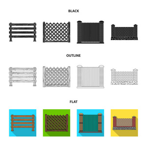 金属和砖块的栅栏, 木栅栏。一个不同的围栏集图标在卡通风格的矢量象征股票插图网站