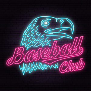 霓虹灯棒球俱乐部徽章。矢量插图。衬衫或徽标印花印花或三通的概念