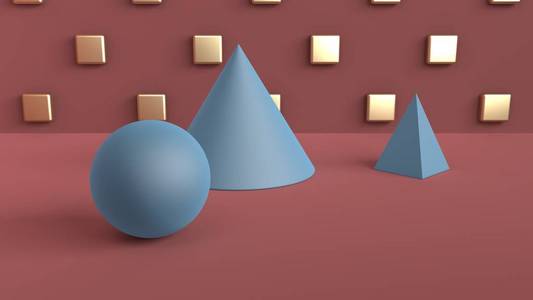 几何形状的抽象场景。 球锥和金字塔蓝色。 柔和的环境光在一个三维场景与一个风扇的红棕色和金色立方体在棋盘图案在后墙。 3D渲染