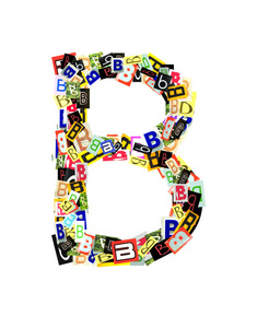 字母收集资本b与字母形成的拼贴较小的图像，大写和小写字母在各种字体和颜色。 孤立于白色背景