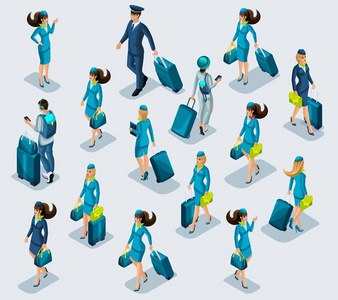 等距招聘人员机场员工, 空姐女孩, 空姐, 飞行员, 乘客在度假, 行李箱, 东西。国际机场