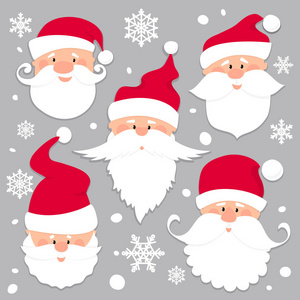 圣诞圣诞老人脸上带着红色的帽子。戴红帽的老男人留着白胡子和胡子。有趣的人物。假日季节图标设置。平面剪纸风格矢量插画