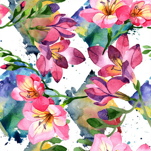 水彩粉色弗雷西亚花。 花卉植物花。 无缝背景图案。 织物壁纸印花纹理。 背景纹理包装图案框架或边框的水花野花。