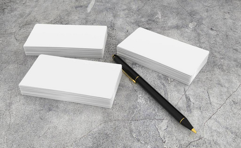 3D版画的空白白色名片呈现公司ID与黑色笔在混凝土办公桌上。