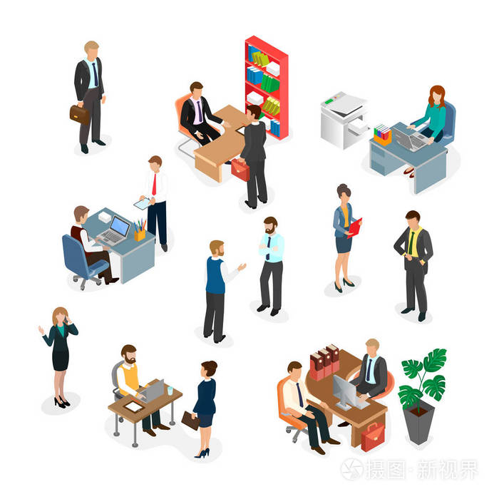 在办公室的工作日. 三维等距图.