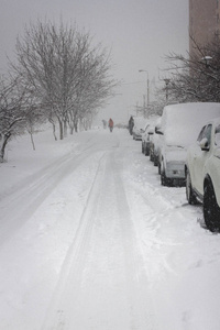 城市里的暴风雪。冻结运输盖与雪