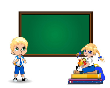 可爱的卡通学校儿童靠近清晰的黑板，复制空间孤立在白色背景上。 教师日或返校贺卡模板边框。 快乐的小学生人物。