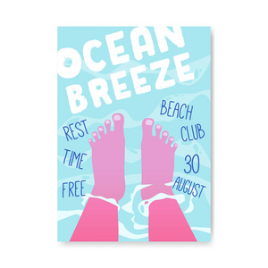 暑期旅游海报, 传单, 请柬模板。海滩假日横幅与妇女在蓝色水。矢量插图