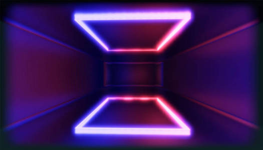 三维渲染。 霓虹灯在黑暗隧道上的几何图形。 激光发光。