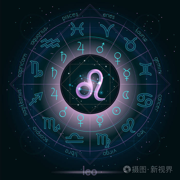 星座和星座狮子座与星座圆圈在星空背景与几何图案.
