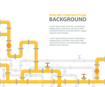 与黄色管道的工业背景。油 水或气体管道与管件和阀门。矢量图在平面样式