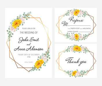 美丽的现代几何婚礼邀请集黄色菊花，紫色和白色玫瑰和白色牡丹。 此婚礼邀请模板集包括四个模板邀请卡RSV P卡和感谢卡。