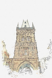 捷克共和国布拉格的插图粉末塔或粉末门。 一座15世纪的建筑纪念碑。 它位于共和国广场上。 在大门开始塞莱纳街。