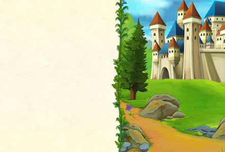 卡通场景，山上有美丽的中世纪城堡，有空间为儿童提供文字插图