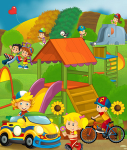 游乐场和儿童在一个五颜六色的建筑糖果店前的卡通场景儿童插图