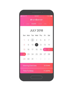 智能日历应用程序概念2018年7月页与做列表和任务矢量UIUX设计模型的手机。 智能手机规划师应用模板
