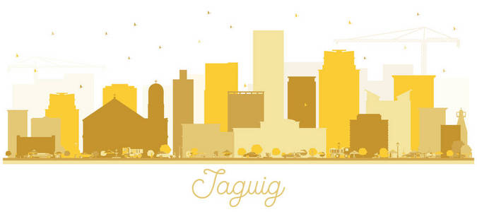 塔吉菲律宾天际线黄金剪影。矢量插图。简单的平面概念旅游介绍，普拉卡德。商务旅行概念。带有地标的塔吉格城市景观。