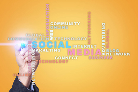 社交媒体网络和营销。业务技术理念。虚拟屏幕上的单词云