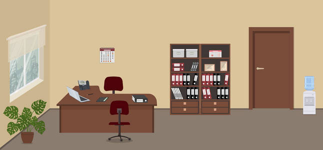 有窗户和门的办公室的内部。 有一个桌子红色的椅子橱柜，文件，一个饮水机和花在图片中。 桌子上有一台笔记本电脑，一部电话，一台计算