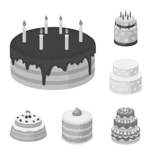 蛋糕和甜点单色图标集合中的设计。节日蛋糕矢量符号股票网站插图