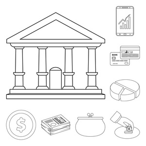 银行和货币图标的矢量设计。网上银行和票据股票符号集