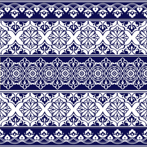 无缝民族花卉几何边界。 条纹与蓝色花卉图案佩斯利。 织物纺织包装纸的装饰装饰装饰背景。