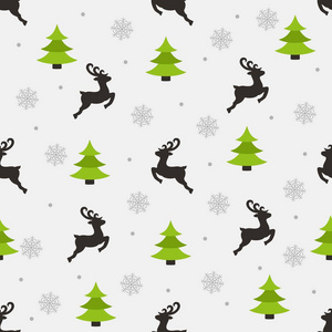 灰色背景下的无缝新年图案。驯鹿，圣诞树和树。礼品包装纸，织物，纺织品，壁纸，衣服，表面纹理，剪贴簿。矢量。