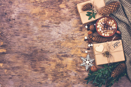赠送冷杉树枝坚果锥可可咖啡舒适针织毛毯。 冬天新年圣诞节还活着。
