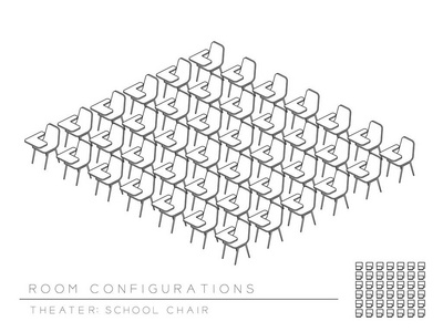 会议室和学校椅子，有写字垫，设置布局，剧院风格，透视，3D等距，顶部插图轮廓，黑白颜色。