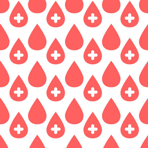 血滴无缝图案。 带有白色十字的红色滴的矢量插图，用于设计
