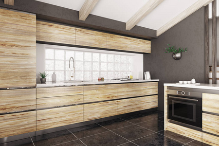 现代室内木制厨房与白石柜台三维渲染