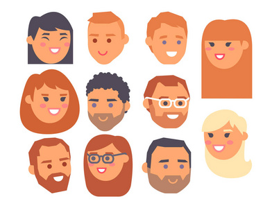 Eemotion 矢量人面对卡通情感的化身插画。女人和男人 emoji 表情脸上的图标和 emoji 表情脸上可爱的符号。人 e