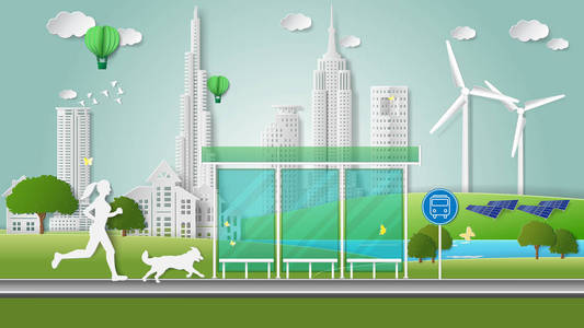 纸折叠艺术折纸风格矢量插图。 绿色能源生态技术节能环保理念。 女人和狗在路上慢跑，穿过靠近绿色城市公园的公共汽车站。
