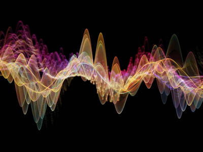 波函数系列。 彩色正弦振动背景光和分形元素对声音均衡器音乐谱和量子概率的影响