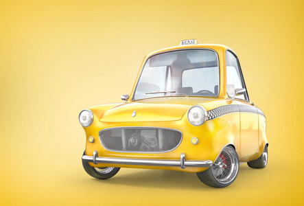 出租车概念。 黄色复古出租车在黄色背景上。 三维插图